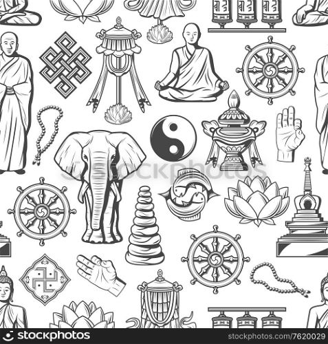 Buddhism symbols and Zen Dharma religious icons seamless pattern. Vector Buddha monk mudra, Yin Yang fish sign or temple drums, elephant and Buddhist beads, stones or swastika and lotus pattern. Buddhism religion Zen meditation seamless pattern