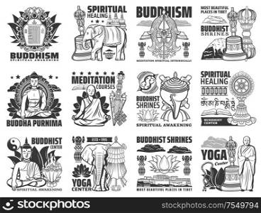 Buddhism vector icons, yoga center and meditation courses signs. Buddha stupa shrines, religious symbols of mudra hand, lotus and monk beads, Tibet Buddhism temples ans spiritual healing. Buddhism religion, yoga, Buddha meditation icons