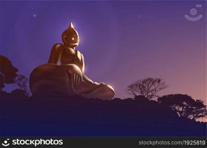 Buddhism vector illustration of a buddha statue in sitting position on the peak of the mountain with the beautiful sunlight is shining up from the right in the morning.