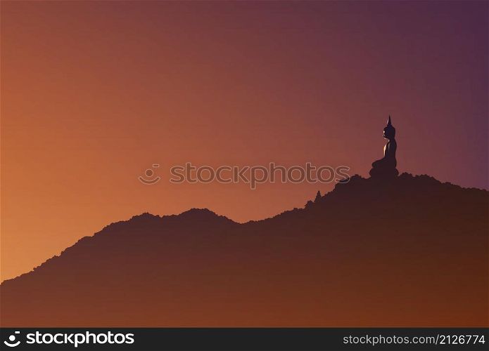 Buddhism vector illustration of a buddha statue in sitting position on the peak of the mountain with the beautiful sunlight is shining up from the right in the morning