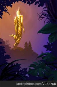 Buddhism vector illustration of a golden-walking Buddha statue or Leela-posed Buddha on the peak of the mountains.