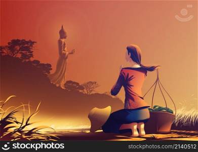 Buddhism vector illustration of a young female farmer is kneeling on the ridge rice farm and worshiping the Buddha for his teachings and goodness.