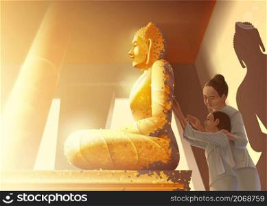 Buddhism vector illustration of auntie is guiding her granddaughter to gild the gold leaf on buddha statue and teaching her about ancient Thai idiom of gilding behind the Buddha statue.