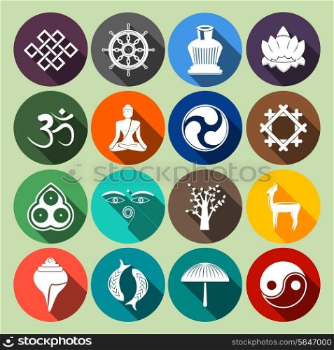 Buddhism yoga oriental traditional spiritual indian symbols icons flat set isolated vector illustration