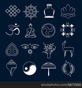 Buddhism yoga oriental zen meditation energy symbols icons outline set isolated vector illustration