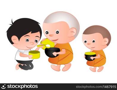 Buddhist give food offering to a monk or ask as a favor receive food or ask for alms,routine of monk,isolated,vector illustration