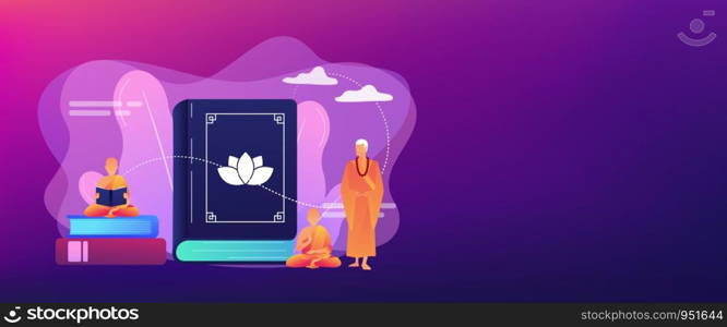 Buddhist monks in orange robes meditating and reading, tiny people. Zen Buddhism, Buddhism place of worship, buddhist holy book concept. Header or footer banner template with copy space.. Buddhism concept banner header.