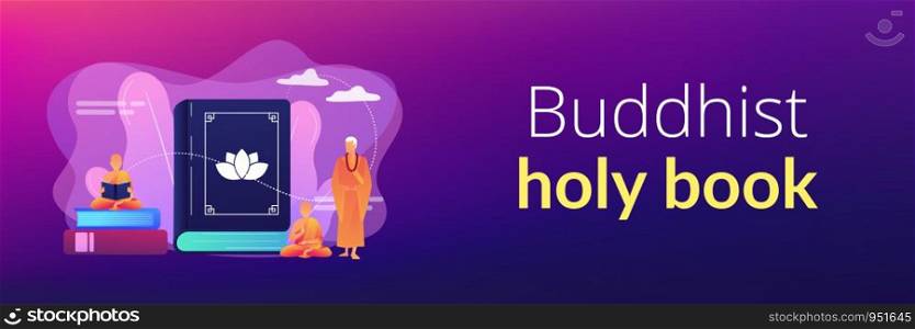 Buddhist monks in orange robes meditating and reading, tiny people. Zen Buddhism, Buddhism place of worship, buddhist holy book concept. Header or footer banner template with copy space.. Buddhism concept banner header.