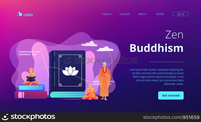 Buddhist monks in orange robes meditating and reading, tiny people. Zen Buddhism, Buddhism place of worship, buddhist holy book concept. Website homepage landing web page template.. Buddhism concept landing page.