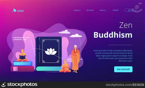Buddhist monks in orange robes meditating and reading, tiny people. Zen Buddhism, Buddhism place of worship, buddhist holy book concept. Website homepage landing web page template.. Buddhism concept landing page.