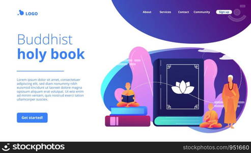 Buddhist monks in orange robes meditating and reading, tiny people. Zen Buddhism, Buddhism place of worship, buddhist holy book concept. Website homepage landing web page template.. Buddhism concept landing page.