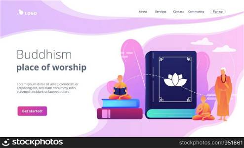 Buddhist monks in orange robes meditating and reading, tiny people. Zen Buddhism, Buddhism place of worship, buddhist holy book concept. Website homepage landing web page template.. Buddhism concept landing page.
