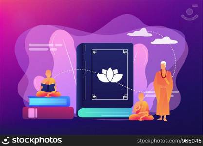 Buddhist monks in orange robes meditating and reading, tiny people. Zen Buddhism, Buddhism place of worship, buddhist holy book concept. Bright vibrant violet vector isolated illustration. Buddhism concept vector illustration.