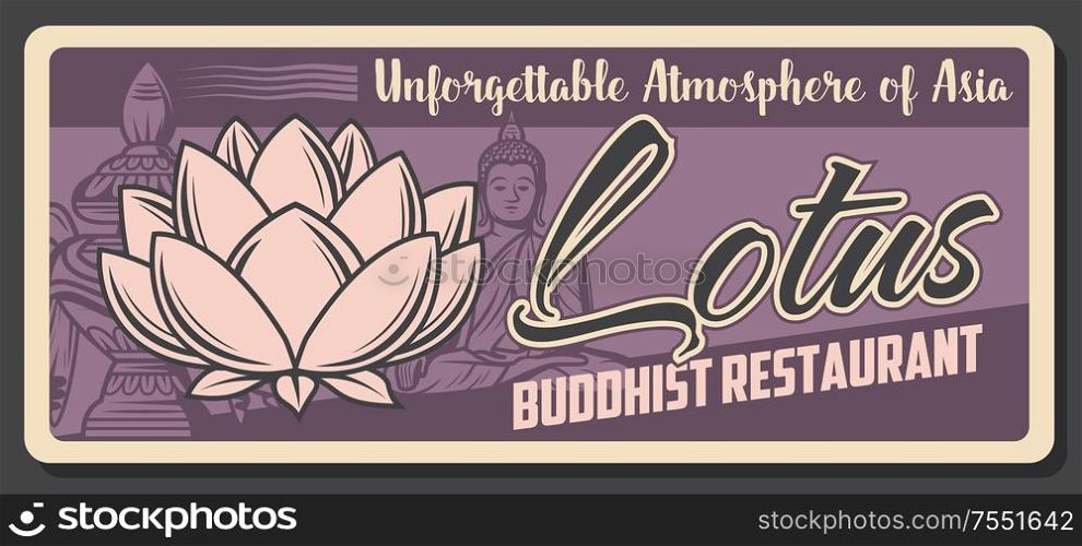 Buddhist oriental cuisine restaurant retro vintage poster. Vector Buddhism religious culture and authentic food, Buddhism religion symbols of lotus and monk in meditation and sanctuary stupa shrine. Buddhist authentic traditional cuisine restaurant