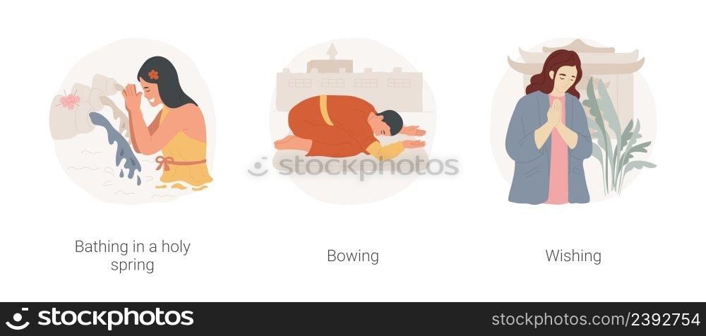 Buddhist pilgrim isolated cartoon vector illustration set. Young Buddhist woman bathing in holy spring water, worshipper man bowing and praying, wishing ritual, religious pilgrimage vector cartoon.. Buddhist pilgrim isolated cartoon vector illustration set.