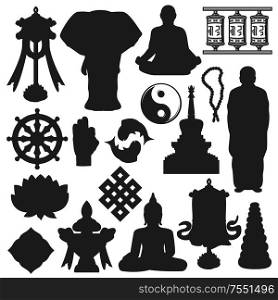 Buddhist religious icons, Buddhism religion and meditation symbols. Vector Buddhist monk in meditation, Yin Yang fish sign and swastika, Dharma wheel and temple drums, mudra hand and zen stones. Buddhism religion, Buddhist meditation symbols