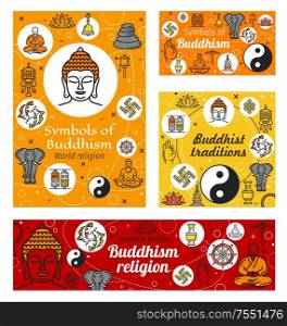 Buddhist religious worship, Buddhism religious symbols. Vector Meditation and Buddhism Dharma teaching, white elephant and temple drums, Buddha god and monk in prayer, swastika and mudra hand. Buddhism religion, Buddhist religious symbols
