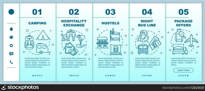 Budget accommodations onboarding vector template. Hostels, night bus line, camping and package offers. Responsive mobile website with icons. Webpage walkthrough step screens. RGB color concept