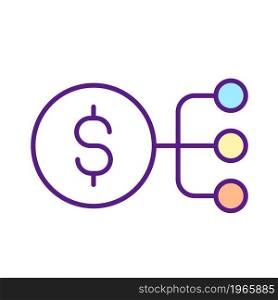 Budget allocation RGB color icon. Divide money into parts. Financial procedure. Finances flow delegation. Business and economy. Isolated vector illustration. Simple filled line drawing. Budget allocation RGB color icon