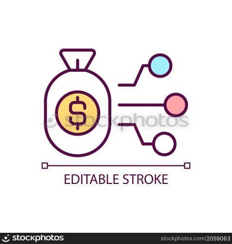 Budget allocation RGB color icon. Money transfer. Divide money between departments. Financial strategy. Isolated vector illustration. Simple filled line drawing. Editable stroke. Arial font used. Budget allocation RGB color icon
