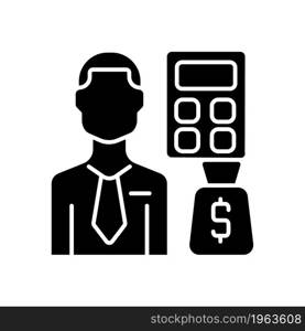 Budget analyst black glyph icon. Financial resources allocation and organization specialist. Income and expense monitoring expert. Silhouette symbol on white space. Vector isolated illustration. Budget analyst black glyph icon
