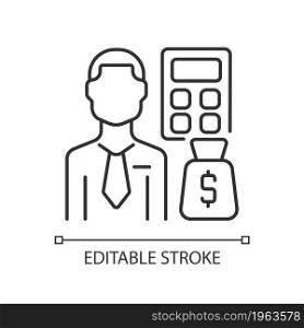 Budget analyst linear icon. Finance resources organization specialist. Expense monitoring expert. Thin line customizable illustration. Contour symbol. Vector isolated outline drawing. Editable stroke. Budget analyst linear icon