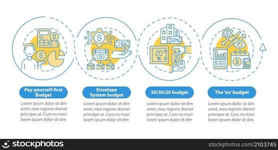 Budget approaches blue circle infographic template. Financial plan. Data visualization with 4 steps. Process timeline info chart. Workflow layout with line icons. Myriad Pro-Bold, Regular fonts used. Budget approaches blue circle infographic template