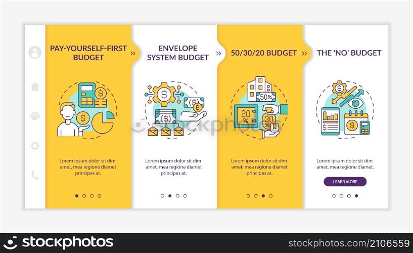 Budget approaches yellow onboarding template. Financial planning. Responsive mobile website with linear concept icons. Web page walkthrough 4 step screens. Lato-Bold, Regular fonts used. Budget approaches yellow onboarding template