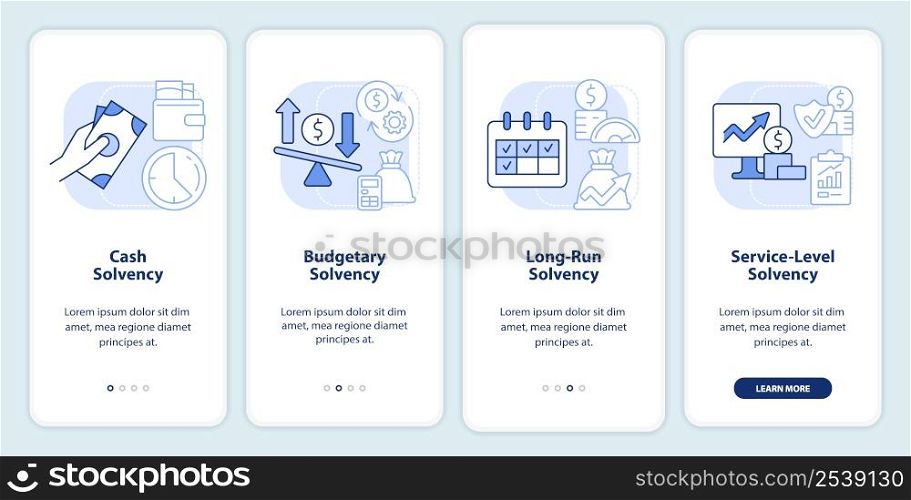 Budget balance light blue onboarding mobile app screen. Expenditures walkthrough 4 steps graphic instructions pages with linear concepts. UI, UX, GUI template. Myriad Pro-Bold, Regular fonts used. Budget balance light blue onboarding mobile app screen