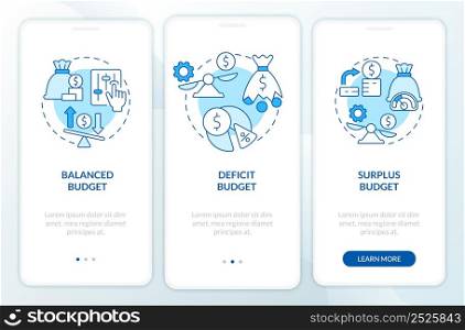 Budget classification blue onboarding mobile app screen. Financial plan walkthrough 3 steps graphic instructions pages with linear concepts. UI, UX, GUI template. Myriad Pro-Bold, Regular fonts used. Budget classification blue onboarding mobile app screen