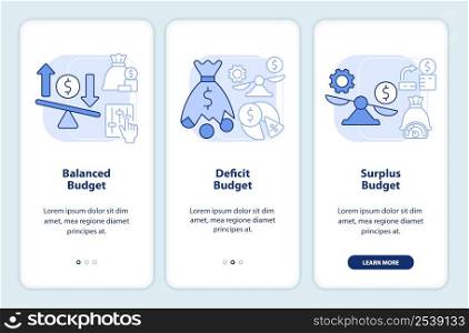 Budget classification light blue onboarding mobile app screen. Walkthrough 3 steps graphic instructions pages with linear concepts. UI, UX, GUI template. Myriad Pro-Bold, Regular fonts used. Budget classification light blue onboarding mobile app screen