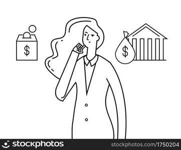 Budget planning. Economy money plans, thinking girl. Woman chooses between bank and home saving. Vector planning investing concept. Saving or investment, budget economy finance illustration. Budget planning. Economy money plans, thinking girl. Woman chooses between bank and home saving. Vector planning investing concept