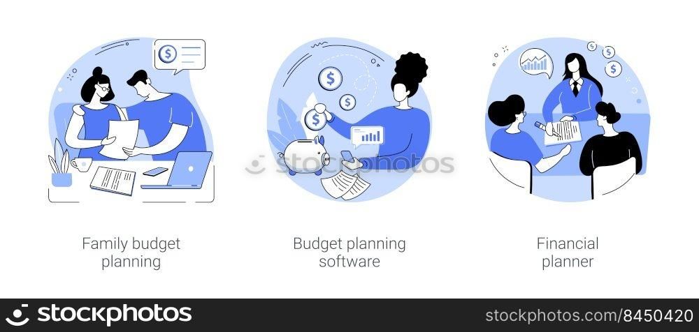 Budget planning isolated cartoon vector illustrations set. Young family planning finances, using smartphone app to calculate expenses, money management service, financial planner vector cartoon.. Budget planning isolated cartoon vector illustrations se