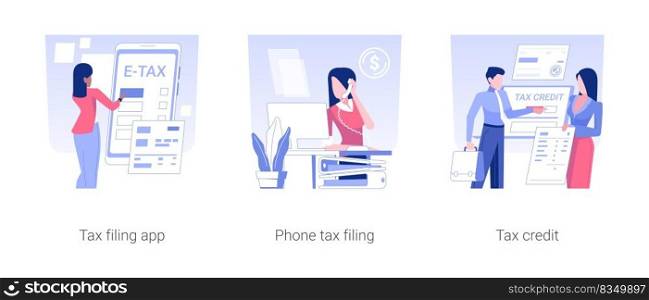 Budget planning isolated concept vector illustration set. Tax filing app, phone tax filing, credit online form, government support, money revenue, account manager, financial report vector cartoon.. Budget planning isolated concept vector illustrations.
