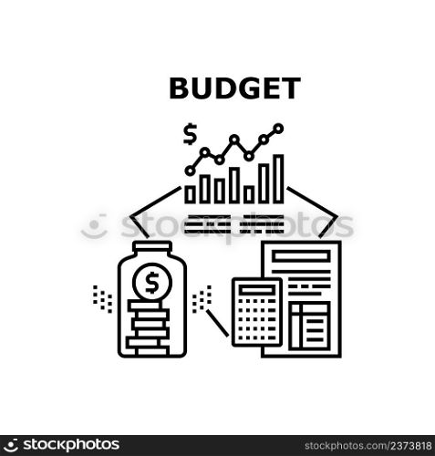 Budget Planning Vector Icon Concept. Accountant And Entrepreneur Budget Planning, Researching Financial Report, Calculating Income And Expenses And Analysis Infographic Black Illustration. Budget Planning Vector Concept Black Illustration