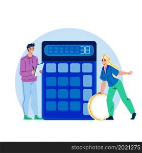 Budget Planning Young Man And Woman Couple Vector. Husband And Wife Counting Money On Calculator Digital Device And Budget Planning Together. Characters Financial Plan Flat Cartoon Illustration. Budget Planning Young Man And Woman Couple Vector