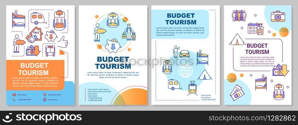 Budget tourism brochure template. Staying in hostel. Public transport. Flyer, booklet, leaflet print, cover design with linear icons. Vector layouts for magazines, annual reports, advertising posters