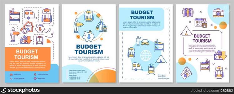 Budget tourism brochure template. Staying in hostel. Public transport. Flyer, booklet, leaflet print, cover design with linear icons. Vector layouts for magazines, annual reports, advertising posters