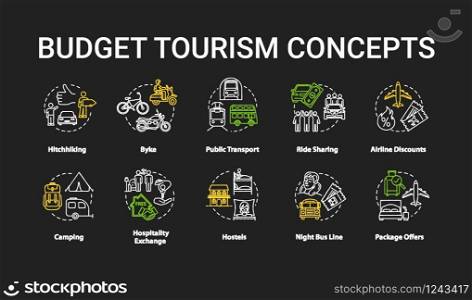 Budget tourism chalk RGB color concept icons set. Affordable travel idea. Money saving tips for tourists. Cheap transport and rest. Vector isolated chalkboard illustrations on black background