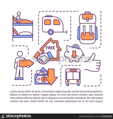 Budget tourism concept icon with text. Hospitality exchange. Sleep in bus. Public transportation. PPT page vector template. Brochure, magazine, booklet design element with linear illustrations