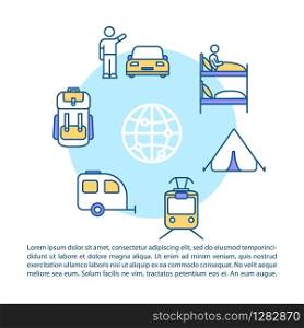 Budget tourism concept icon with text. Stay in hostel. Camping. Public transportation. PPT page vector template. Brochure, magazine, booklet design element with linear illustrations