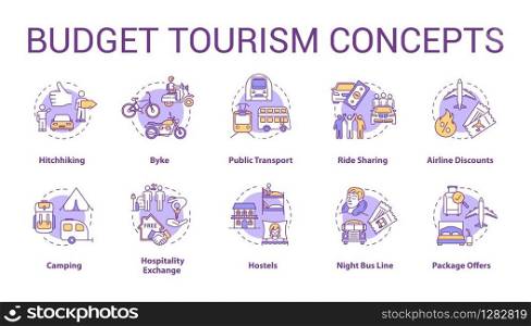 Budget tourism concept icons set. Affordable travel idea thin line RGB color illustrations. Money saving tips for tourists. Cheap transport and rest. Vector isolated outline drawings. Editable stroke