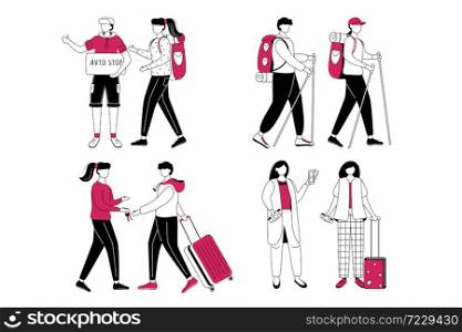 Budget tourism flat contour vector illustration set. Cheap travelling ideas isolated cartoon outline character on white background. Couchsurfing and hitchhiking. Getting ready for trip simple drawing. Budget tourism flat contour vector illustration set