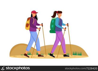 Budget tourism flat vector illustration. Hiking activity. Cheap travelling choice. Active vacation. Young women on a mountain trip. Walking tour isolated cartoon character on white background