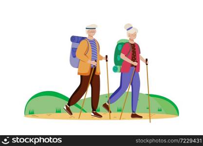 Budget tourism flat vector illustration. Hiking activity. Cheap travelling choice. Active vacation. Elderly couple on a mountain trip. Walking tour isolated cartoon character on white background. Budget tourism flat vector illustration