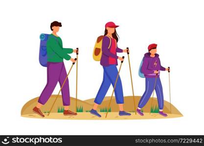 Budget tourism flat vector illustration. Hiking activity. Cheap travelling choice. Active vacation. Family on a mountain trip. Walking tour isolated cartoon character on white background. Budget tourism flat vector illustration