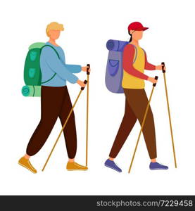 Budget tourism flat vector illustration. Hiking activity. Cheap travelling choice. Active vacation. Young people on a mountain trip. Walking tour isolated cartoon character on white background. Budget tourism flat vector illustration