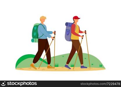 Budget tourism flat vector illustration. Hiking activity. Cheap travelling choice. Active vacation. Couple on a mountain trip. Walking tour isolated cartoon character on white background. Budget tourism flat vector illustration