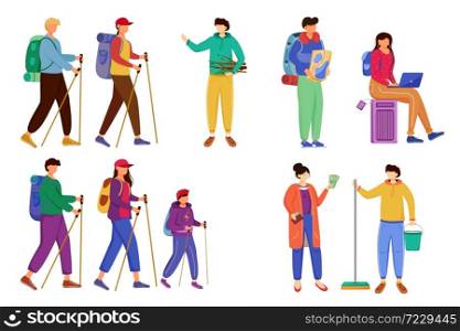 Budget tourism flat vector illustrations set. Active trip to mountains, forest. Hiking and camping. Earning money during vacation. Cheap travelling ideas isolated cartoon characters. Budget tourism flat vector illustrations set