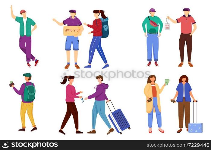 Budget tourism flat vector illustrations set. Getting ready for trip. Discounts for students. Renting apartment, couchsurfing. Cheap travelling ideas for students isolated cartoon characters. Budget tourism flat vector illustrations set